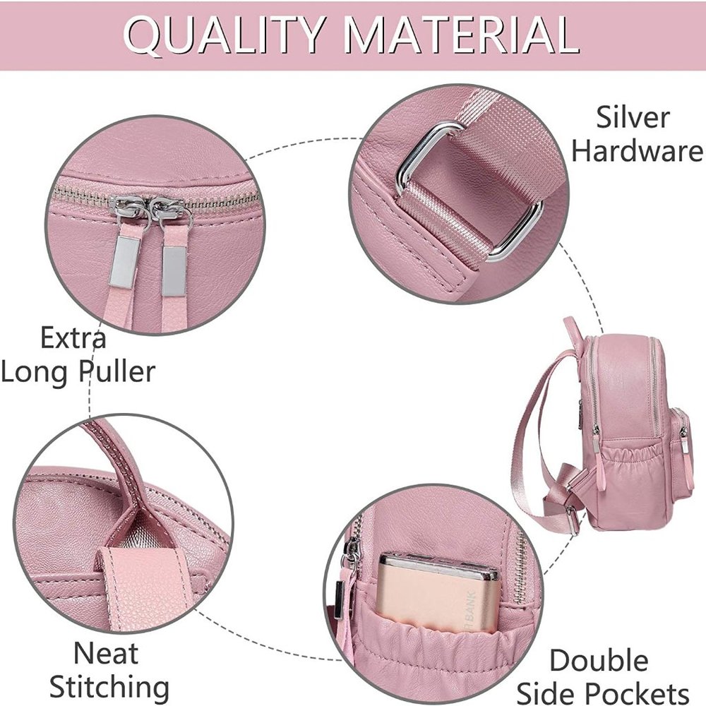 VASCHY Faux Leather Mini Backpack, Lots of Pockets- Pink - Picture 4 of 13